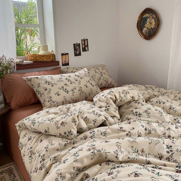 Vintage floral pure cotton four piece set, all cotton bed sheet, quilt cover, fitted sheet, three piece bedding set