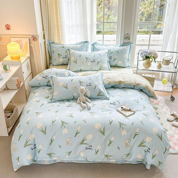 Four piece printed bed sheets and quilt covers, all cotton Nantong four piece sets, all cotton small fresh bedding