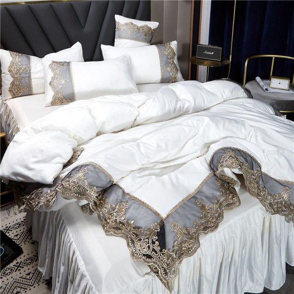 Lace edge bed set of four pieces, washed ice silk, real silk bed sheets, bed skirts, white bedspreads