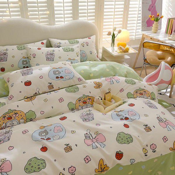 Small Fresh Four Piece Set of Pure Cotton Printed Bed Sheet, Quilt Cover, Bedding, Fitted Sheet, Cartoon