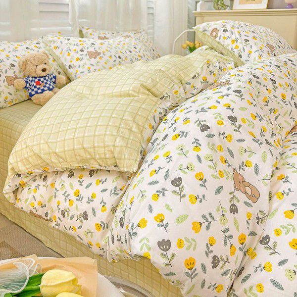 Spring Pastoral Fresh Pure Cotton Four Piece Set Cotton Cartoon Duvet Cover Bed Sheet Three Piece Bedding Set