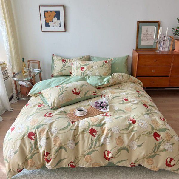 New pure cotton small fresh floral all cotton four piece set, three piece set, all-season universal pure cotton bed sheets and fitted sheets