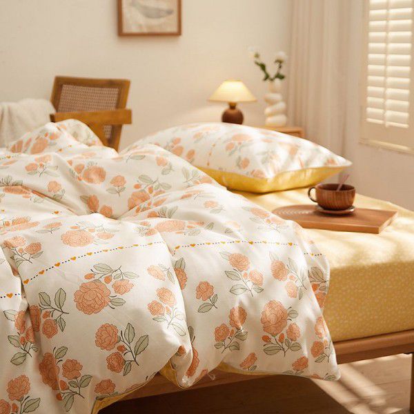 Spring striped floral bed with pure cotton four piece sheet, quilt cover, and duvet cover