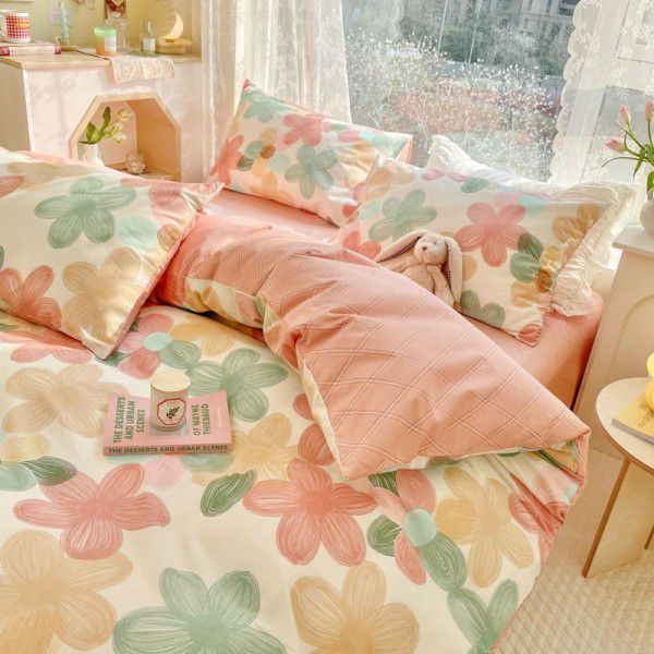 New pure cotton small fresh floral all cotton four piece set, three piece set, all-season universal pure cotton bed sheets and fitted sheets