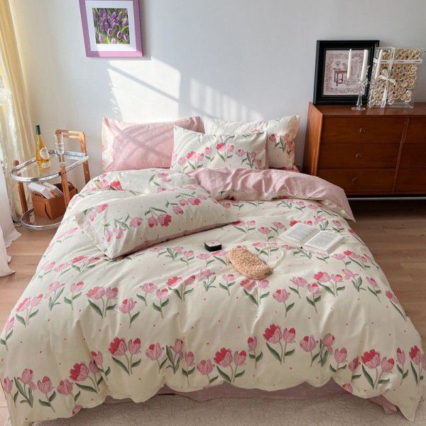 New pure cotton small fresh floral all cotton four piece set, three piece set, all-season universal pure cotton bed sheets and fitted sheets