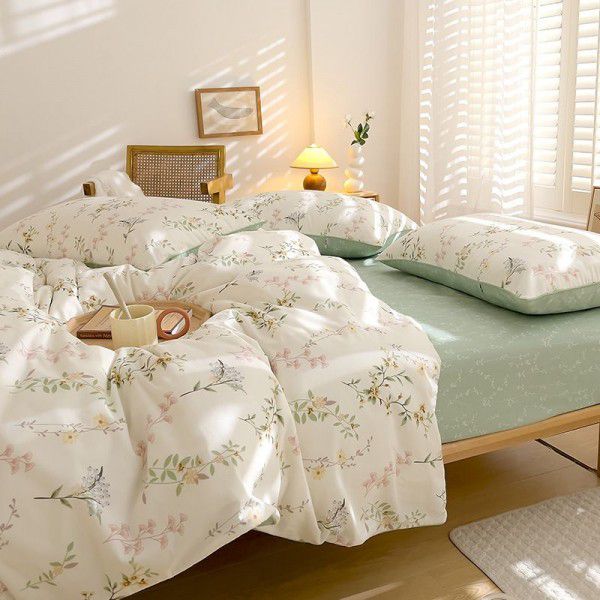 Spring striped floral bed with pure cotton four piece sheet, quilt cover, and duvet cover