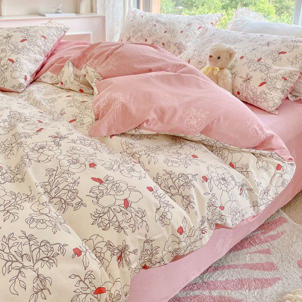 Four piece set of floral spring and autumn bedding, quilt cover, bed sheet, three piece set of fitted sheet