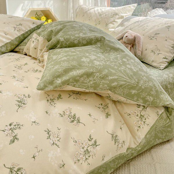 Four piece set of floral spring and autumn bedding, quilt cover, bed sheet, three piece set of fitted sheet