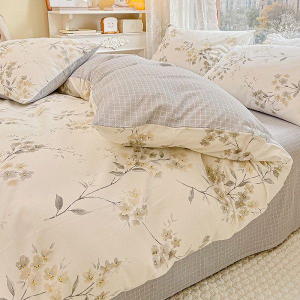 Four piece set of floral spring and autumn bedding, quilt cover, bed sheet, three piece set of fitted sheet