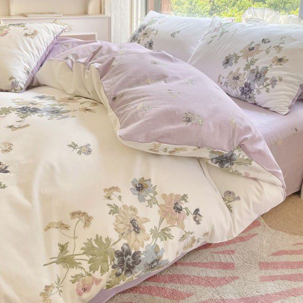 Four piece set of floral spring and autumn bedding, quilt cover, bed sheet, three piece set of fitted sheet