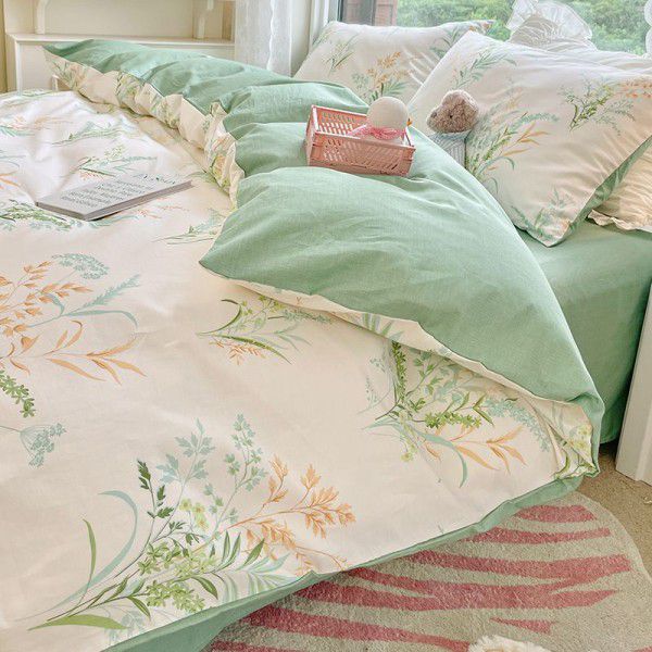 Four piece set of floral spring and autumn bedding, quilt cover, bed sheet, three piece set of fitted sheet