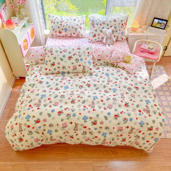 New pure cotton small fresh floral all cotton four piece set, three piece set, all-season universal pure cotton bed sheets and fitted sheets