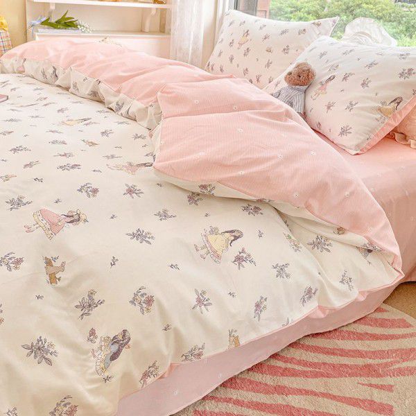 Four piece set of floral spring and autumn bedding, quilt cover, bed sheet, three piece set of fitted sheet