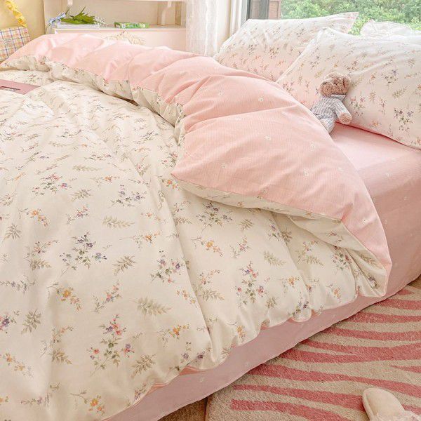 Four piece set of floral spring and autumn bedding, quilt cover, bed sheet, three piece set of fitted sheet