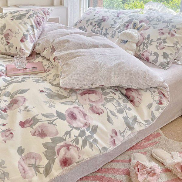 Four piece set of floral spring and autumn bedding, quilt cover, bed sheet, three piece set of fitted sheet