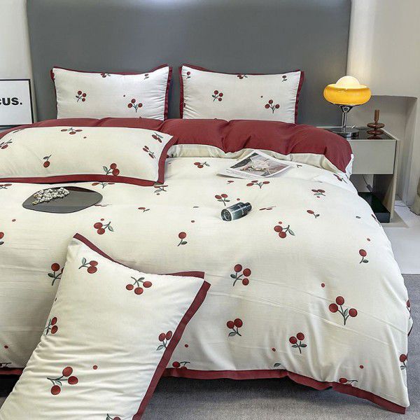 Four piece bed set with double layer yarn, washed cotton sheets, summer bedding wholesale