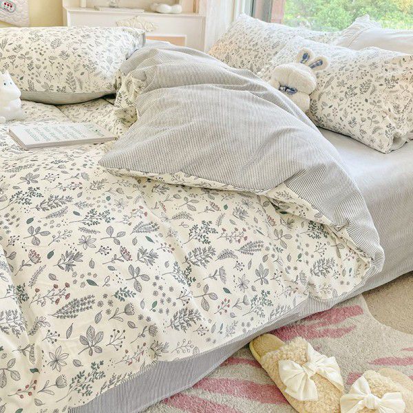 Four piece set of floral spring and autumn bedding, quilt cover, bed sheet, three piece set of fitted sheet