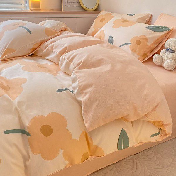 Four piece set of floral spring and autumn bedding, quilt cover, bed sheet, three piece set of fitted sheet