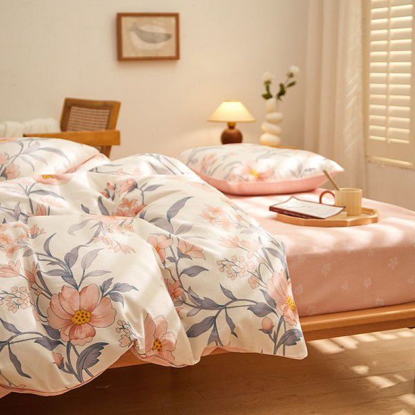 Spring striped floral bed with pure cotton four piece sheet, quilt cover, and duvet cover