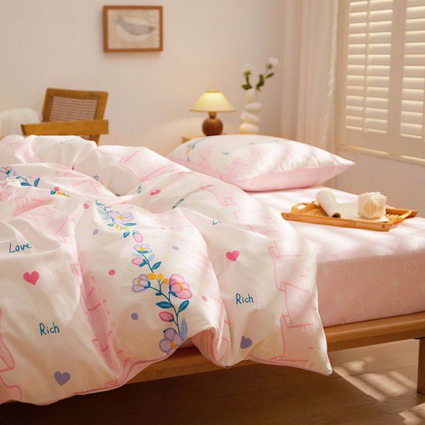 Spring striped floral bed with pure cotton four piece sheet, quilt cover, and duvet cover