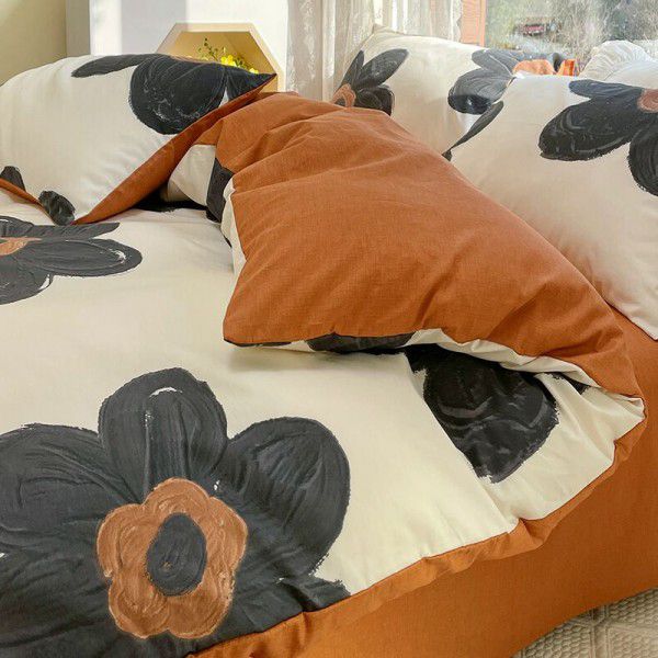 Four piece set of floral spring and autumn bedding, quilt cover, bed sheet, three piece set of fitted sheet