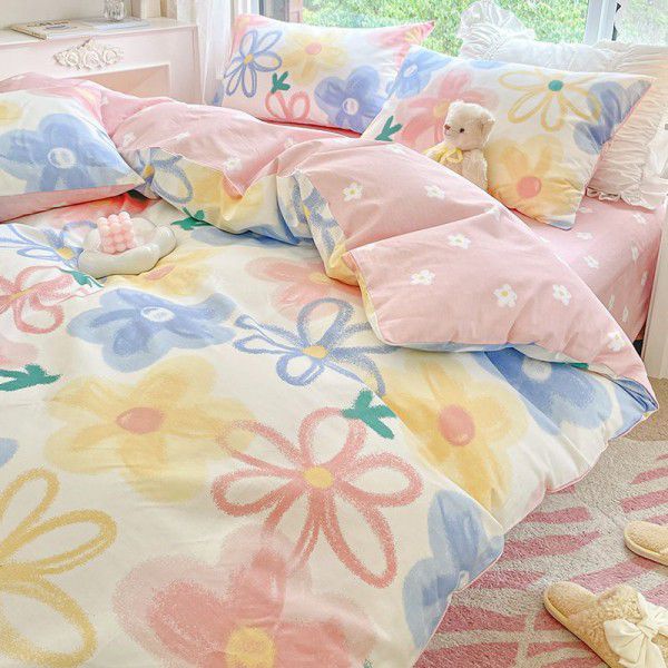 Four piece set of floral spring and autumn bedding, quilt cover, bed sheet, three piece set of fitted sheet