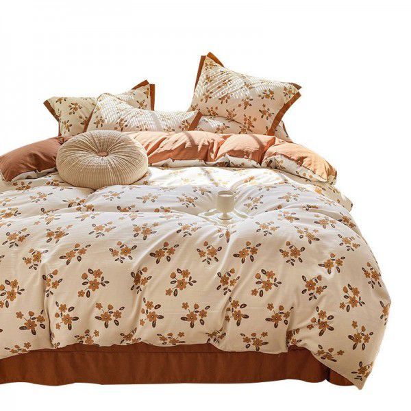 Four piece bed set with double layer yarn, washed cotton sheets, summer bedding wholesale