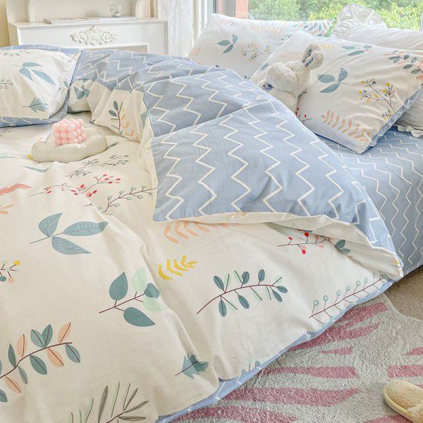 Four piece set of floral spring and autumn bedding, quilt cover, bed sheet, three piece set of fitted sheet